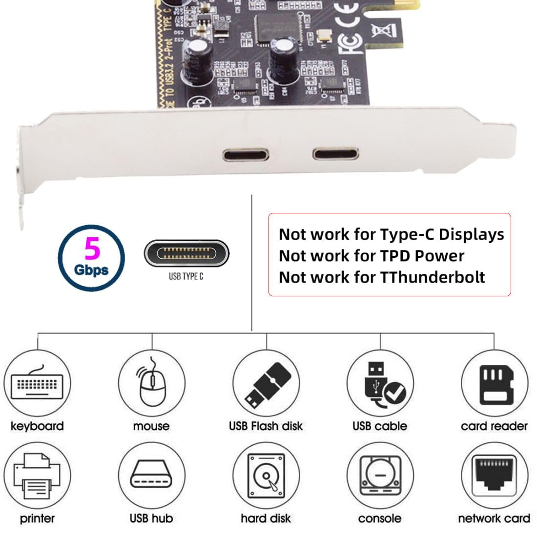 chenyang 2 Port PCI-E 1X to 2 USB C HUB PCI Express Expansion Card Adapter with 80/120mm PCI-E Slot Bracket with Extra SATA Power