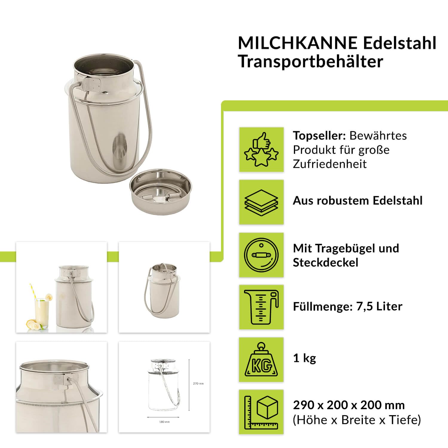 Jarra de leche de acero inoxidable 7,5 litro para café leche salsas cocina comedor mesa con tapa