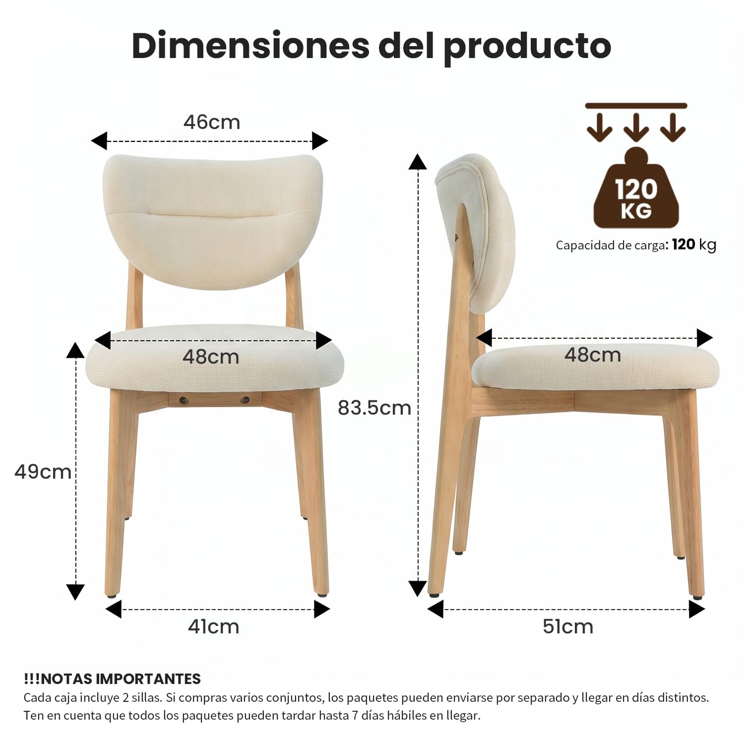Silla de Comedor Tapizada de Madera,para Cocina, Dormitorio,Sala,Pack 2 | Estructura de madera maciza, Cojín de espuma de alta densidad, Diseño ergonómico antideslizante, Carga 120kg nat_beige