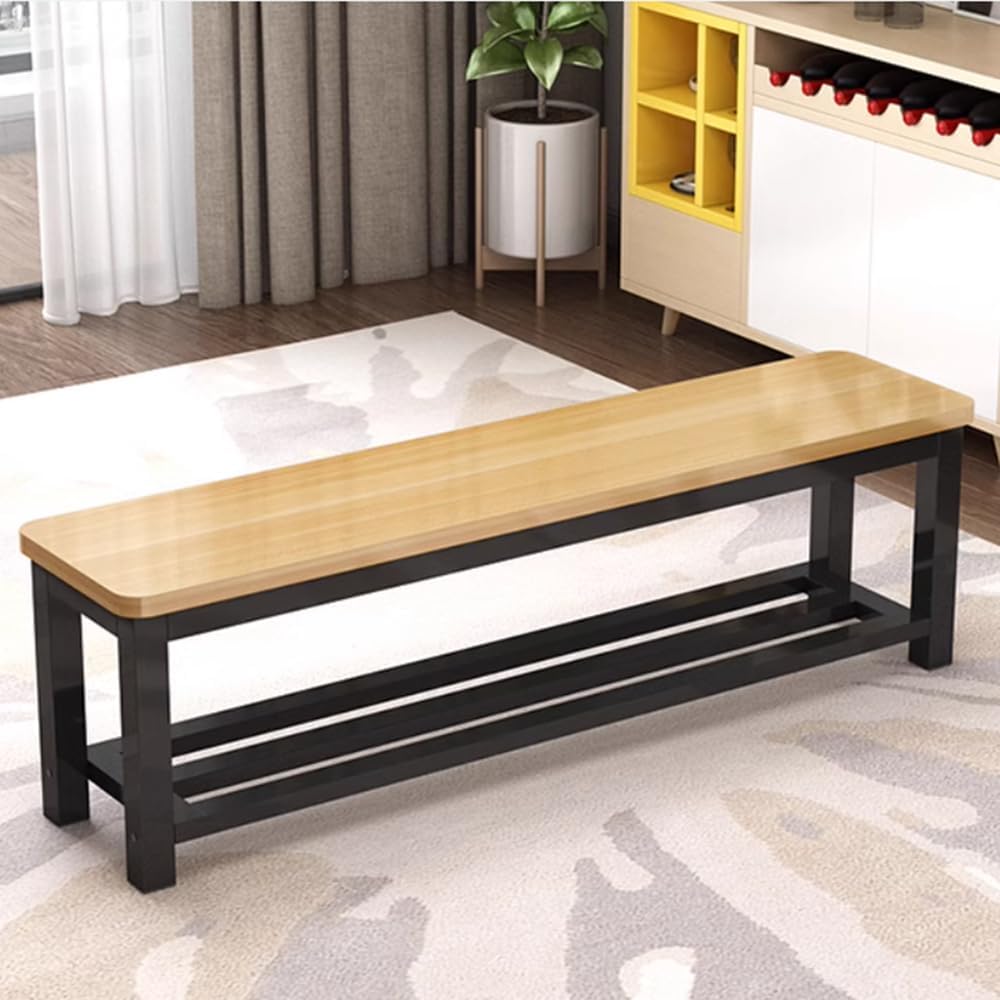 LITFAD Wood Color Shoe Changing Bench with Container Storage, Modern Entryway Bench Metal Legs Rest Bench for Entry Closet Living Room Hallway, 63" L x 12" W x 18" H