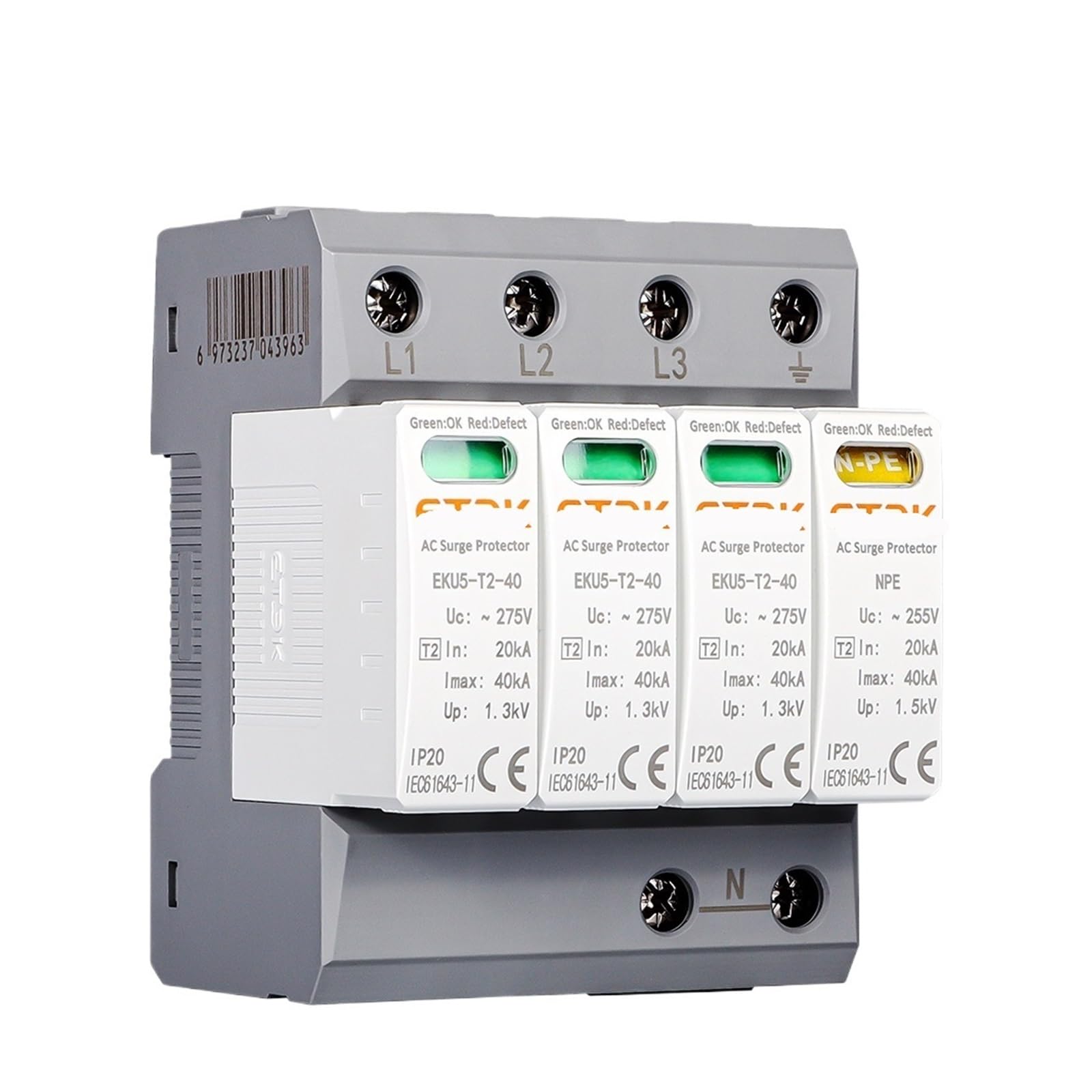 JNVFTCUX House Surge Protector Arrester Protection Type T2 SPD AC 4P 20KA~40KA 3P+NPE 275V EKU5-T2-40-3PN275
