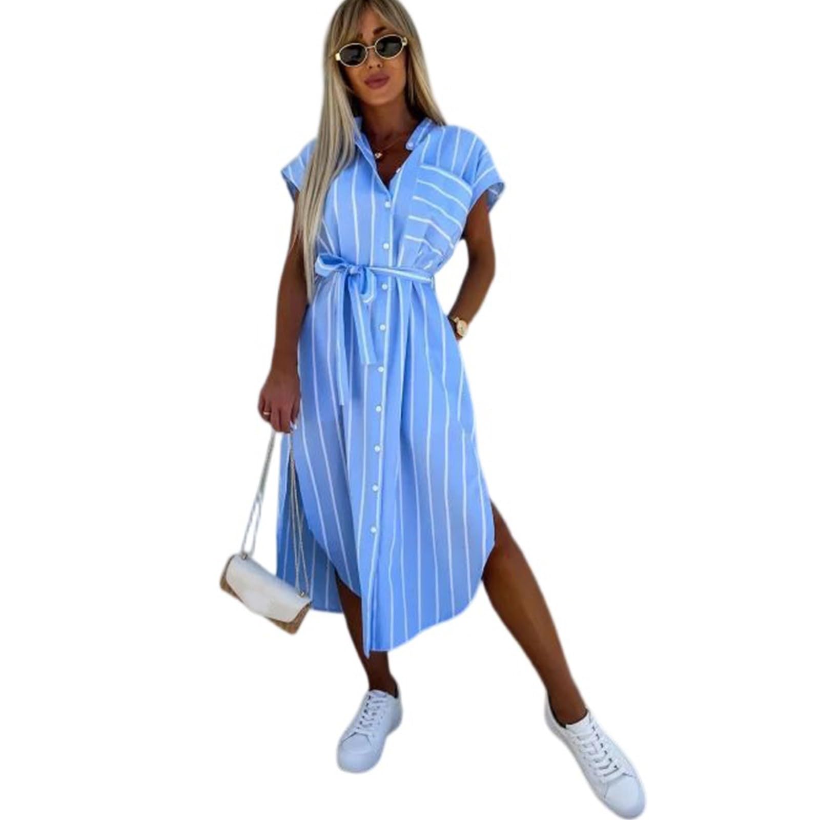 Kleid Sommer Damen Gestreift Lang Mit Schlitz Hemdkleid Mit Knopfleiste Gürtel Elegant Blusenkleid Mit Taschen Midi Kleider A Linie Hemdblusenkleid Streifen Sommerkleid Frauen Leicht Luftig