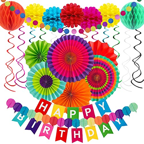 28Pcs Birthday Decoration Kit - Colorful Happy Birthday Banner, Paper Fans, Pompoms, Rainbow Party Decorations, Hanging Swirls, Paper Garland for Wedding, Mexican Party Decor