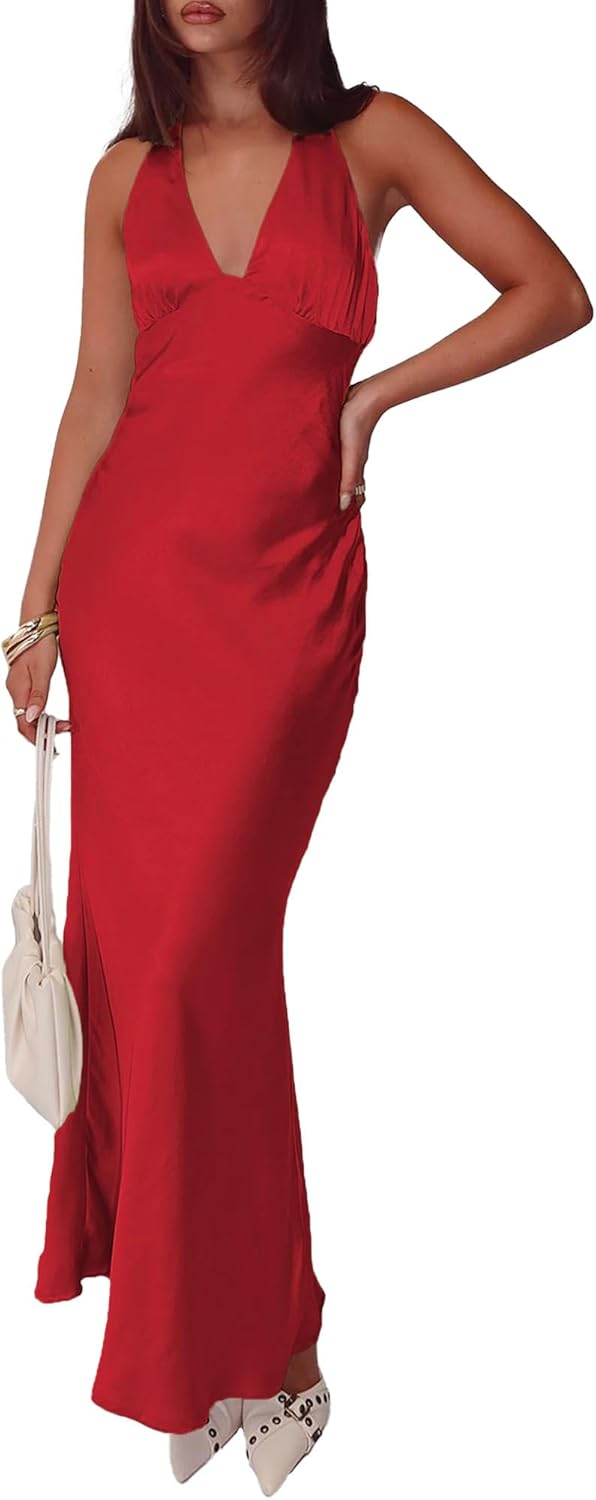 Women's Satin Dresses Summer Bodycon Sexy Halter V Neck Backless Elegant Formal Prom Cocktail Wedding Guest Maxi Dress