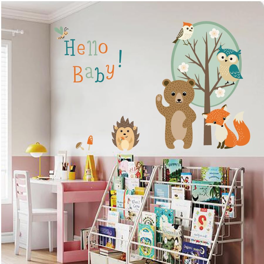 Image of Woodland Animal Wall Stickers for Kids Room | Cute Forest Bear, Fox, Owl & Hedgehog Decals | Peel & Stick Nursery Wall Decor | Tree Stickers for Playroom Bedroom Classroom | Sheet (40x60 cm)