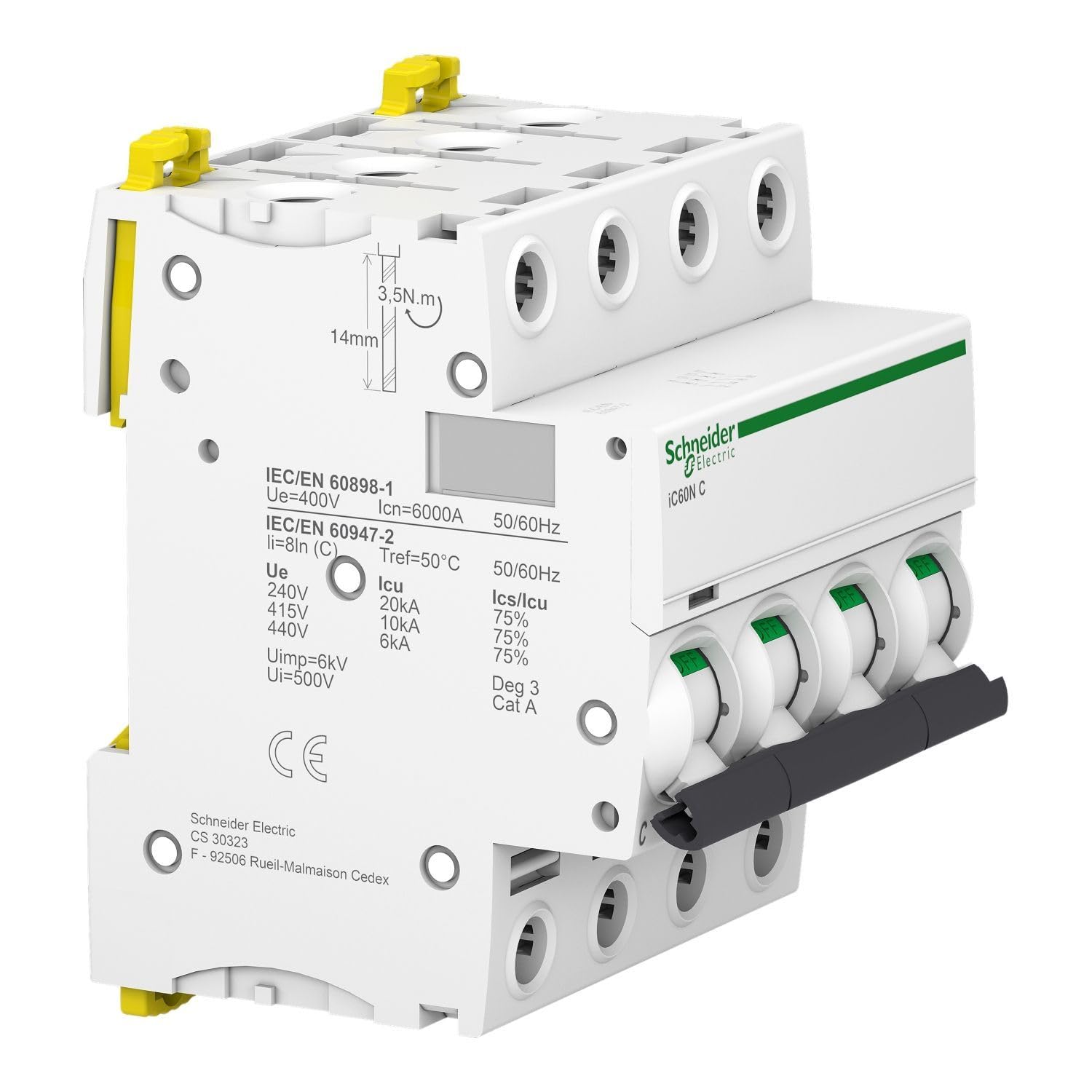 Schneider electric a9 F74440 iC60 N disjoncteur, acti9, Courbure C, 4P, 85 mm hauteur x 72 mm largeur x 78.5 mm profondeur, 40 A courant, 50/60 Hz, Blanc