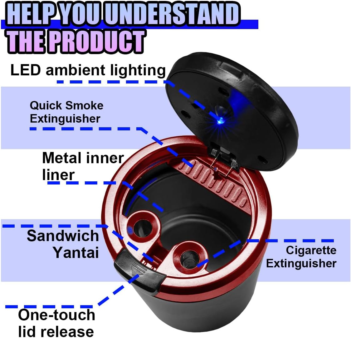 Car Ashtray with Lid, Portable Windproof Smokeless Auto Cup Holder Ashtray with LED Blue Light, Universal Detachable Vehicle Trash Can Accessories for Car Travel (Red)