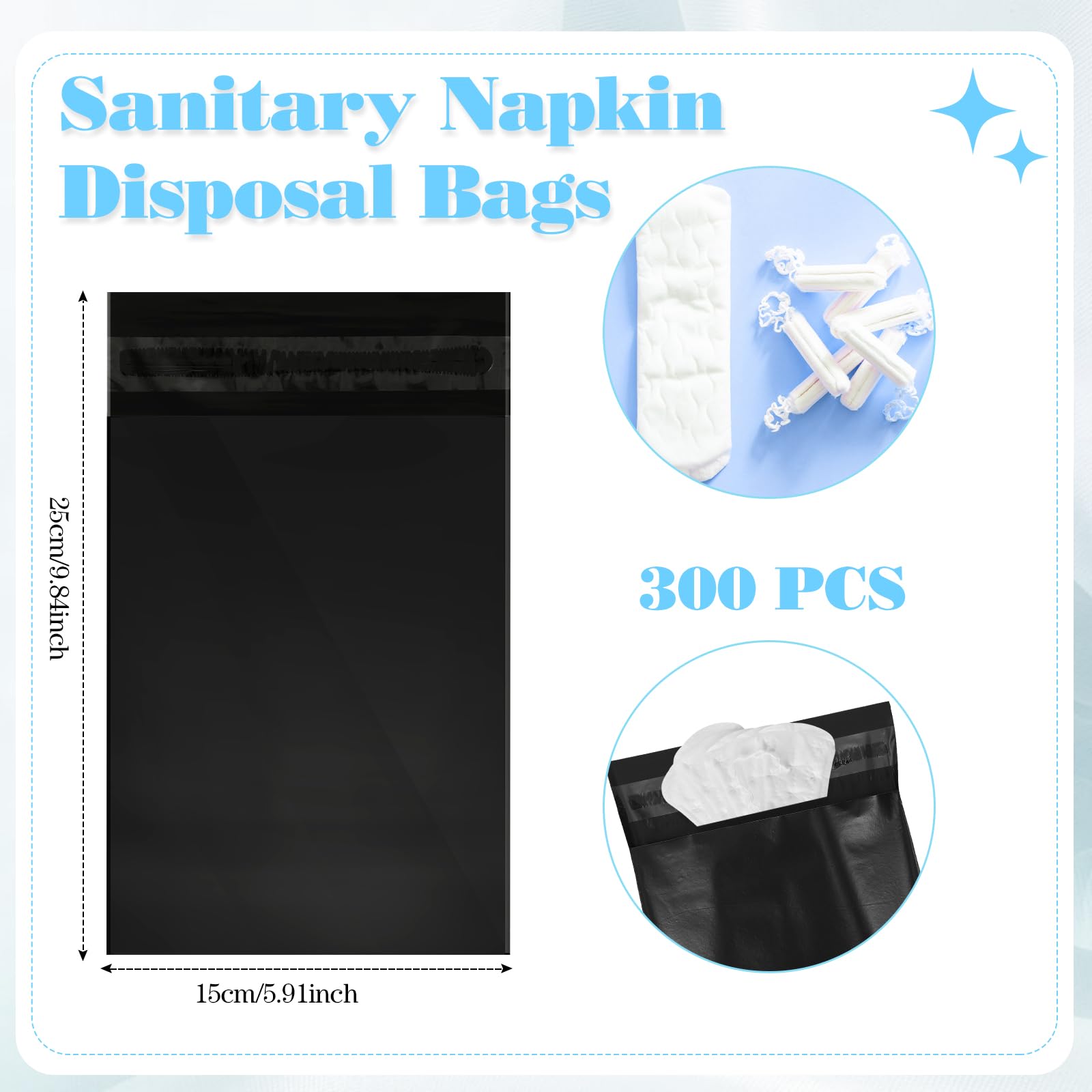 Fulmoon 300 bolsas sanitarias para desechar servilletas sanitarias para higiene femenina, eliminación de tampones con cierre automático, bolsas sanitarias para servilletas y tampones (negro)
