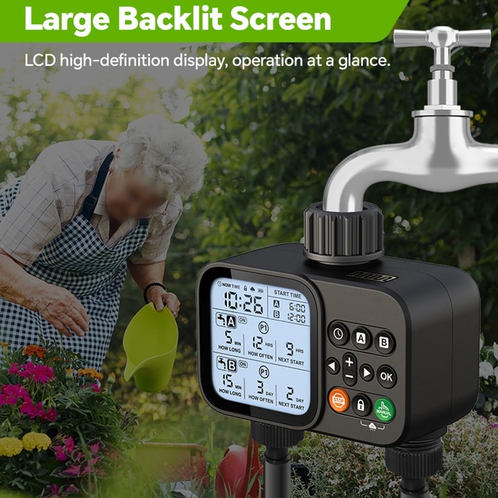 Temporizador inteligente de riego de doble salida para control de riego automático y manual, temporizador programable para manguera de jardín para cuidado de plantas de césped, fácil de