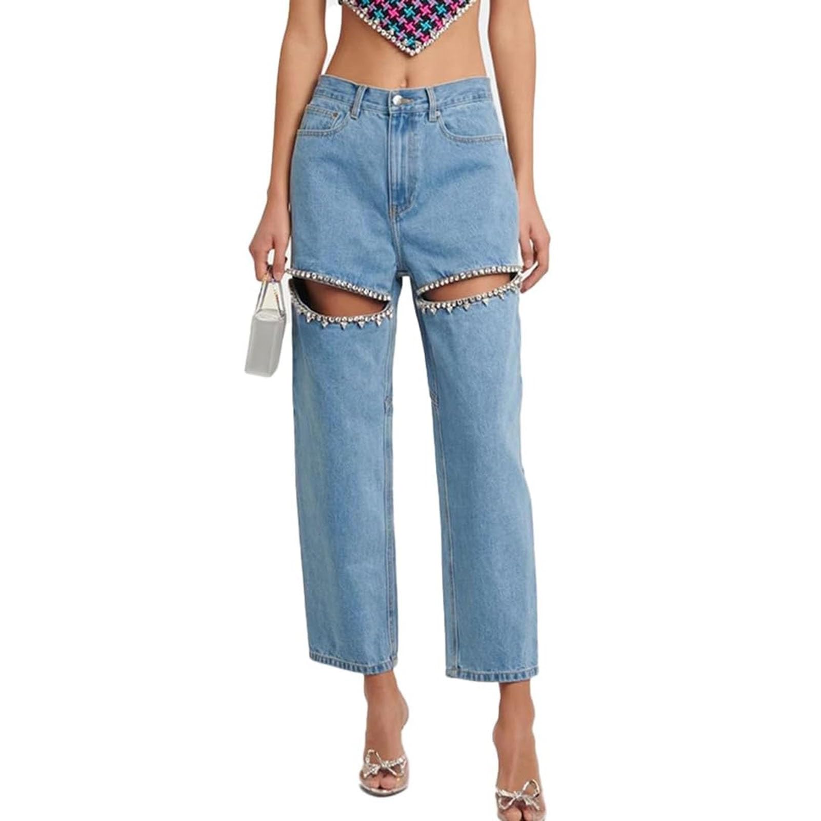 Jeans Cargo Donna NRTHYE A Vita Alta Con Strass | Strappati E Invecchiati | Gamba Dritta Elasticizzata | Taglie Forti - 4