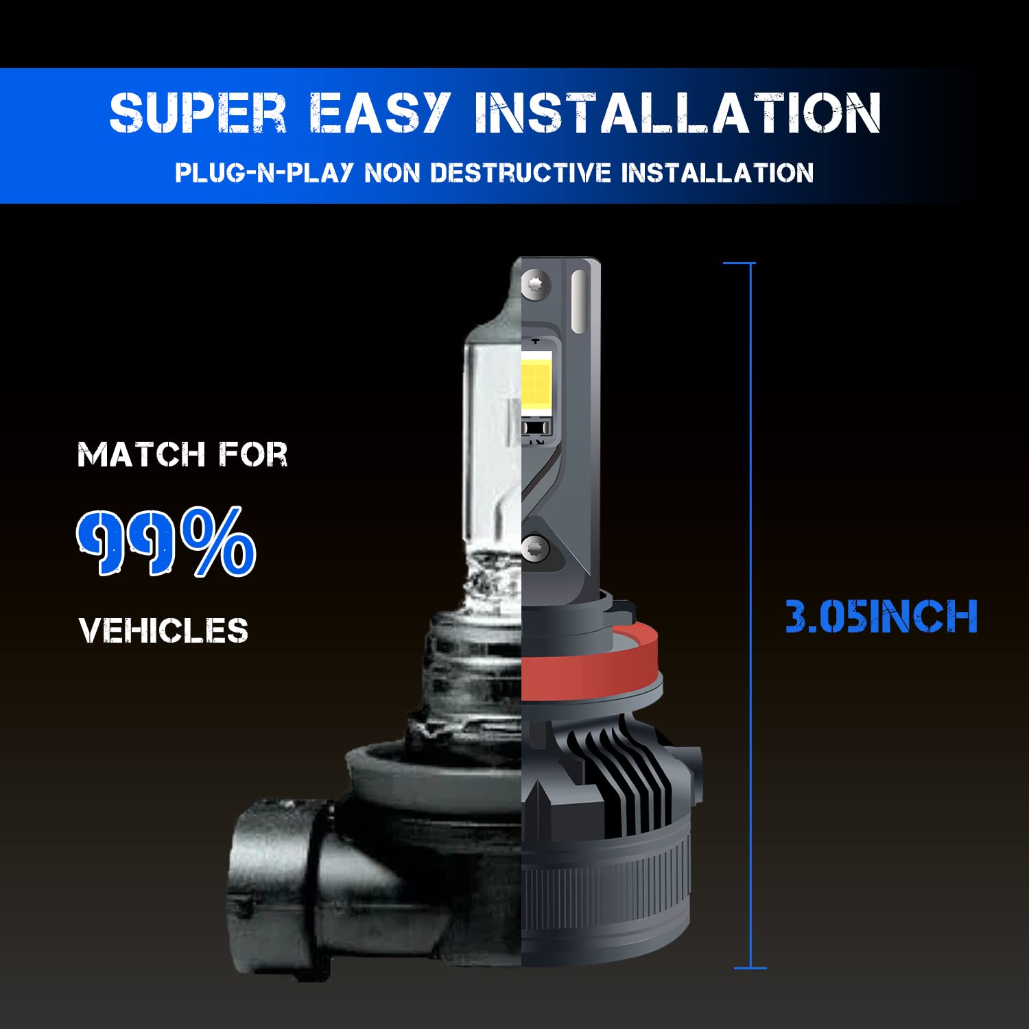 H11 H8 H9 LED żarówki, 30000LM 160W CanBus Bez Błędów 6000K Super Jasne Białe Reflektory Olśniewające Samochodowe Zestawy Wymiana Lampy Halogenowe, Plug & Play, Opakowanie 2