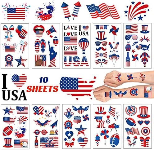 Masper 10 Sheets USA Tattoos Temporary, 80 Patriotic Tattoos, 4th of July Temporary Tattoos, American Flag Red White and Blue Tattoos, USA Face Tattoos