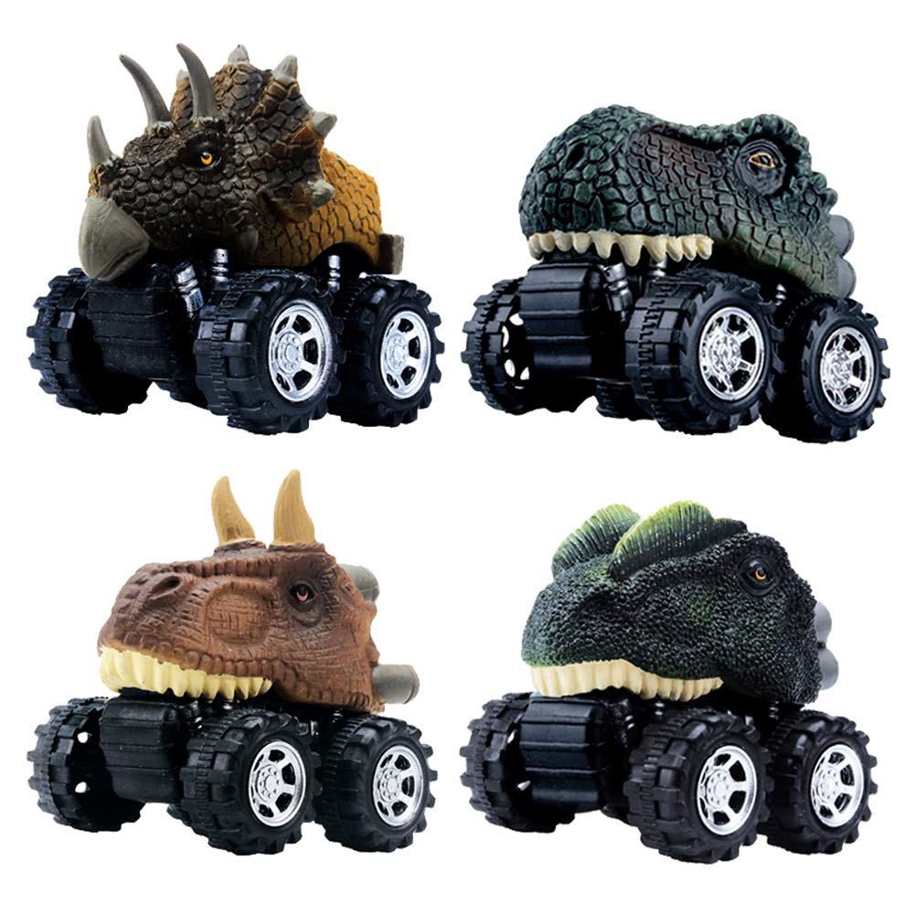 DINOBROS Pull Back Dinosaur Car Toys 4 Pack Dino Toys for 3 Year Old Boys and Toddlers T-Rex Dinosaur Games Monster Trucks
