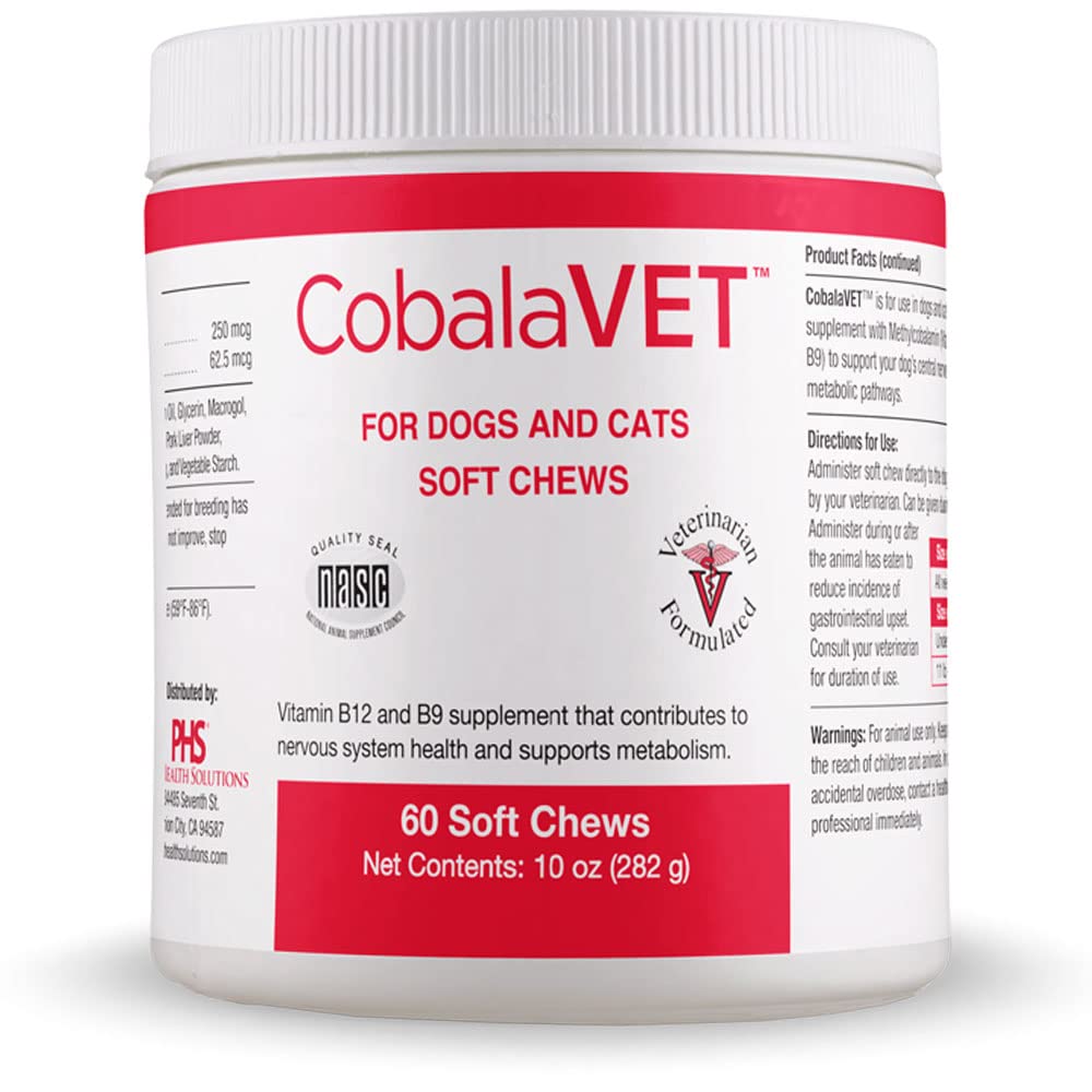 CobalaVet Vitamin B12 &amp; B9 for Small Dogs &amp; Cats - Supports The Nervous System, Brain Function, Immune Defenses &amp; Cell Growth - Blood Cell Formation - Metabolic Pathway - 60 Soft Chews