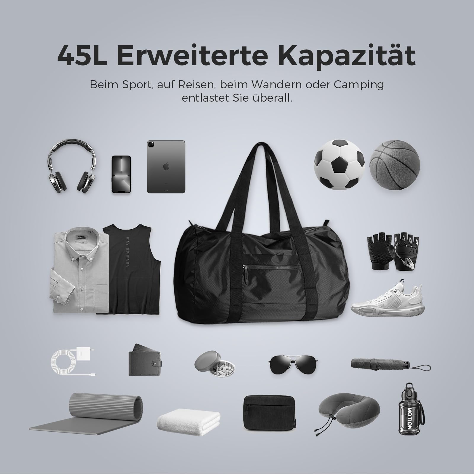 pack all 45L Faltbare Seesack – Wasserabweisende Sporttasche fürs Gym, Tragbare Weekender-Tasche, Leichtgewichtig für Reisen, Fitness und Camping (Schwarz)