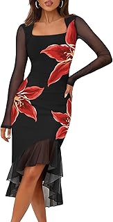 MEROKEETY Women's 2026 Wedding Guest Dress Bodycon Long Sleeve Square Neck Ruched Mesh Cocktail Party Holiday Midi Dresses