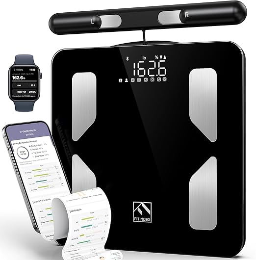 FITINDEX Body Composition Scale for Body Weight, Smart 8-Electrodes with BMI, Body Fat, Muscle Mass, 50 Composition Measurements, Bluetooth, FSA or HSA Eligible
