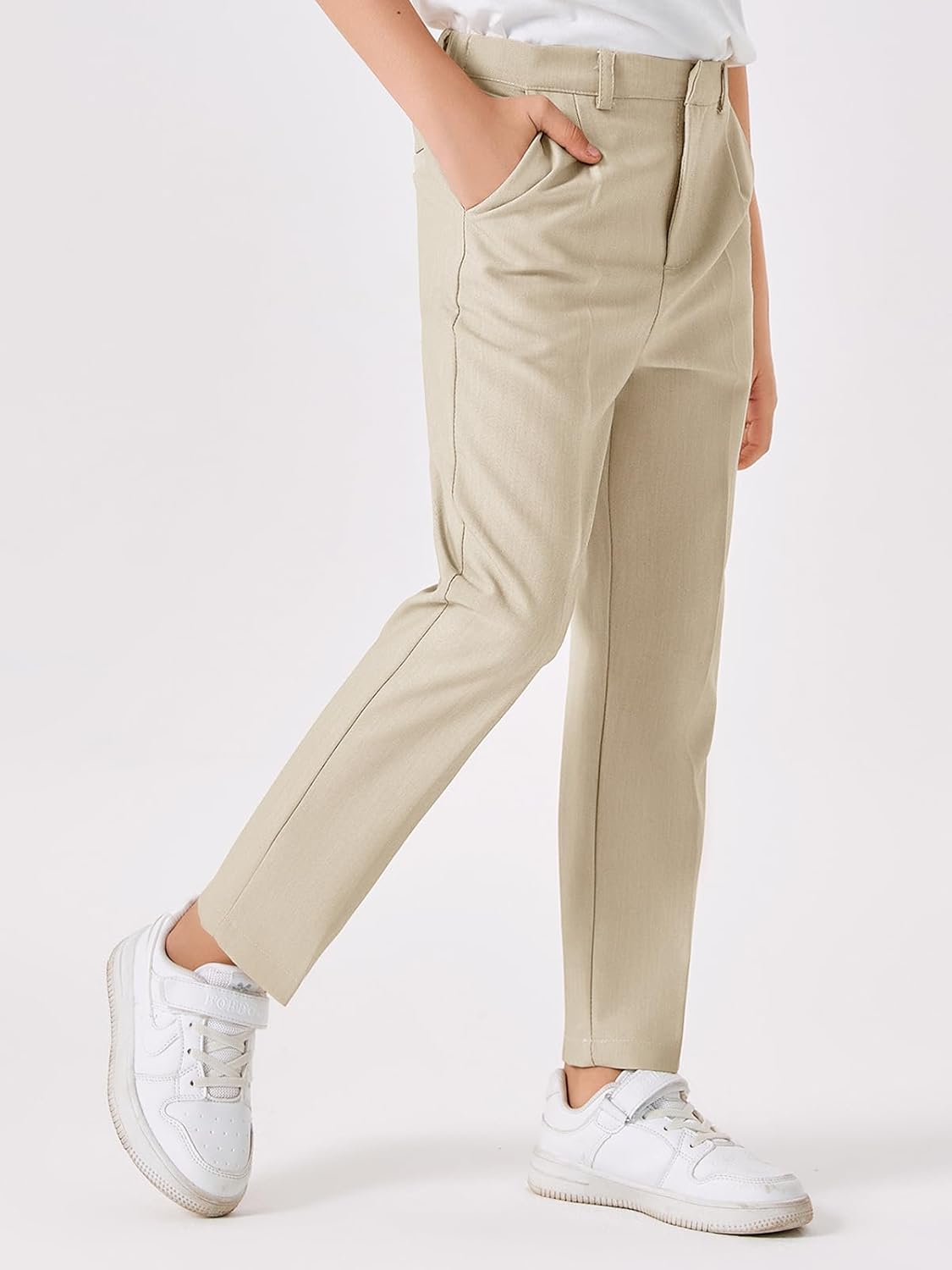 Batermoon Boys Elastic Waist Dress Pants Kids Slim Fit Straight Suit Pants Uniform Trousers with Pockets - Image 3