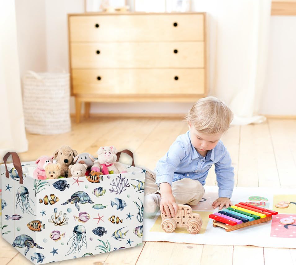 Sanjiaofeng Rectangular Kids Basket Ocean Storage Bins,Boys and Girls Storage Basket with Handles.Clothers,Toys,Books,Kid's Gifts Bins. (Ocean)