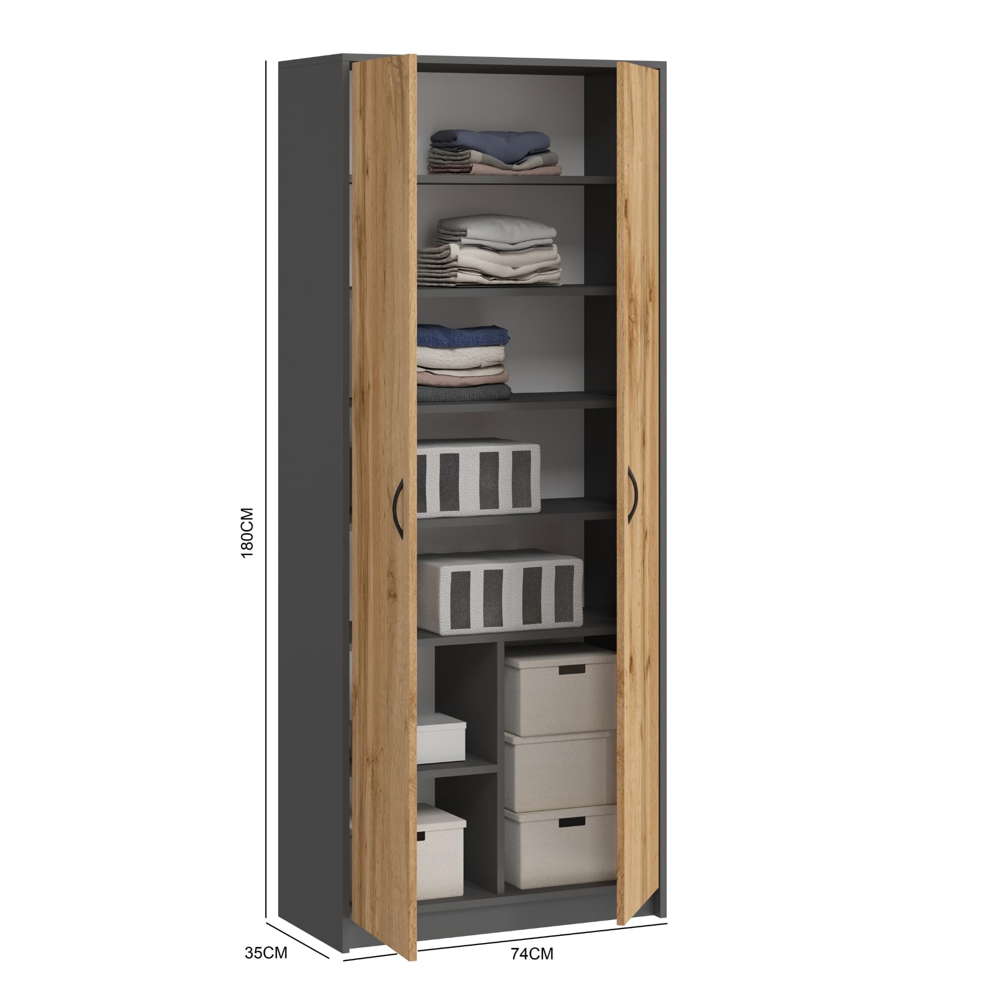 Home Collective Kleiderschrank Mehrzweckschrank Regal grau 74cm breit 180cm hoch mit sechs Einlegeböden und Extra-Fach, Aktenschrank Haushaltsschrank Schrank Organizer aus Holz