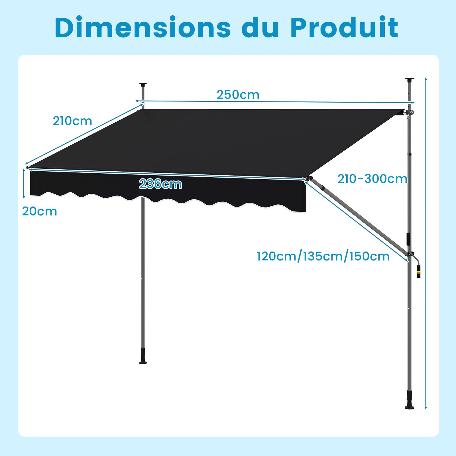 RELAX4LIFE Store Banne Manuel Rétractable avec Manivelle | Auvent Rétractable Résistant aux UV, Imperméable | Hauteur&Angle Réglable | Store Banne sans Percage pour Balcon, Terrasse (2,5x2,3 M,Noir)