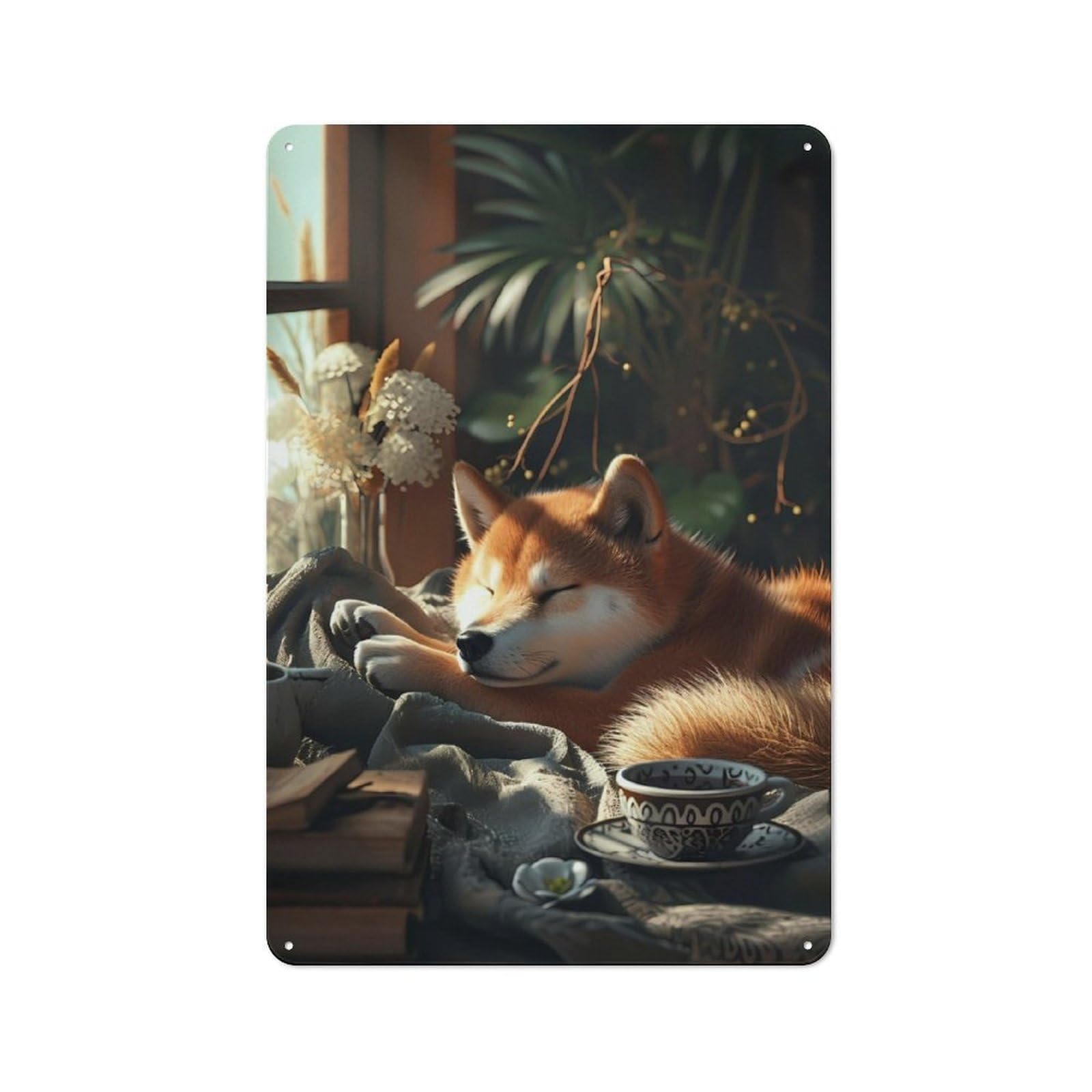 Junmoney Shiba Inu Coffee Cup Dog Tin Wall Plaque 30X20cm With For Café Or Home Bar, For Themed Room Decoration, For Living Room And Hallway Decor