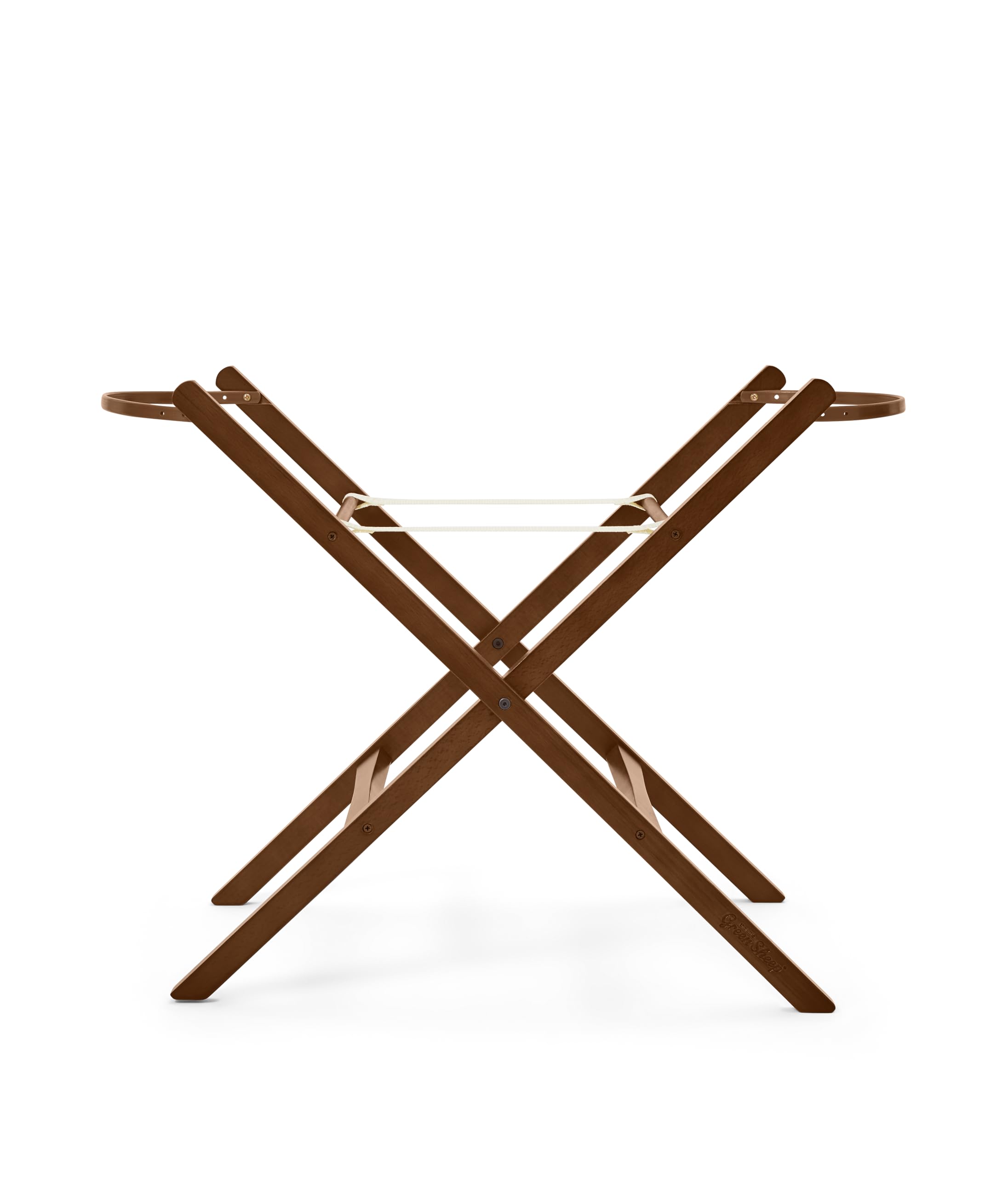 The Little Green Sheep Natural Beech Wood Folding Moses Basket Stand, Foldable Nursery Holder with Adjustable Straps, Fits 73–83.5 x 30–33 cm Baskets (Walnut)