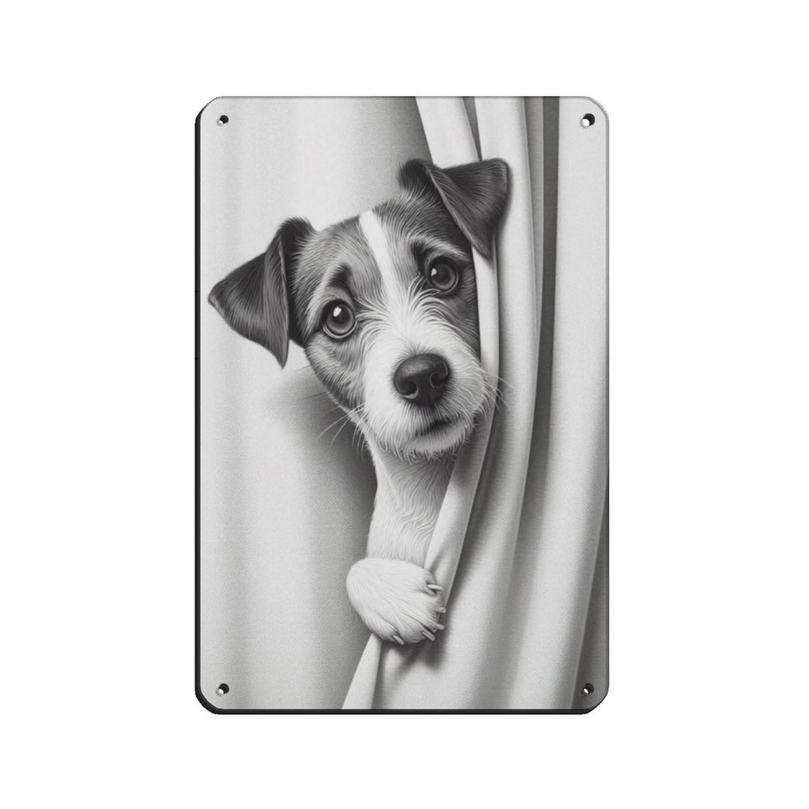 Dog Peeking Out of Shower Curtain Poster Tin Sign Vintage Metal Pub Club Cafe Bar Home Wall Art Decoration Poster Retro 8x12inch(20x30cm)