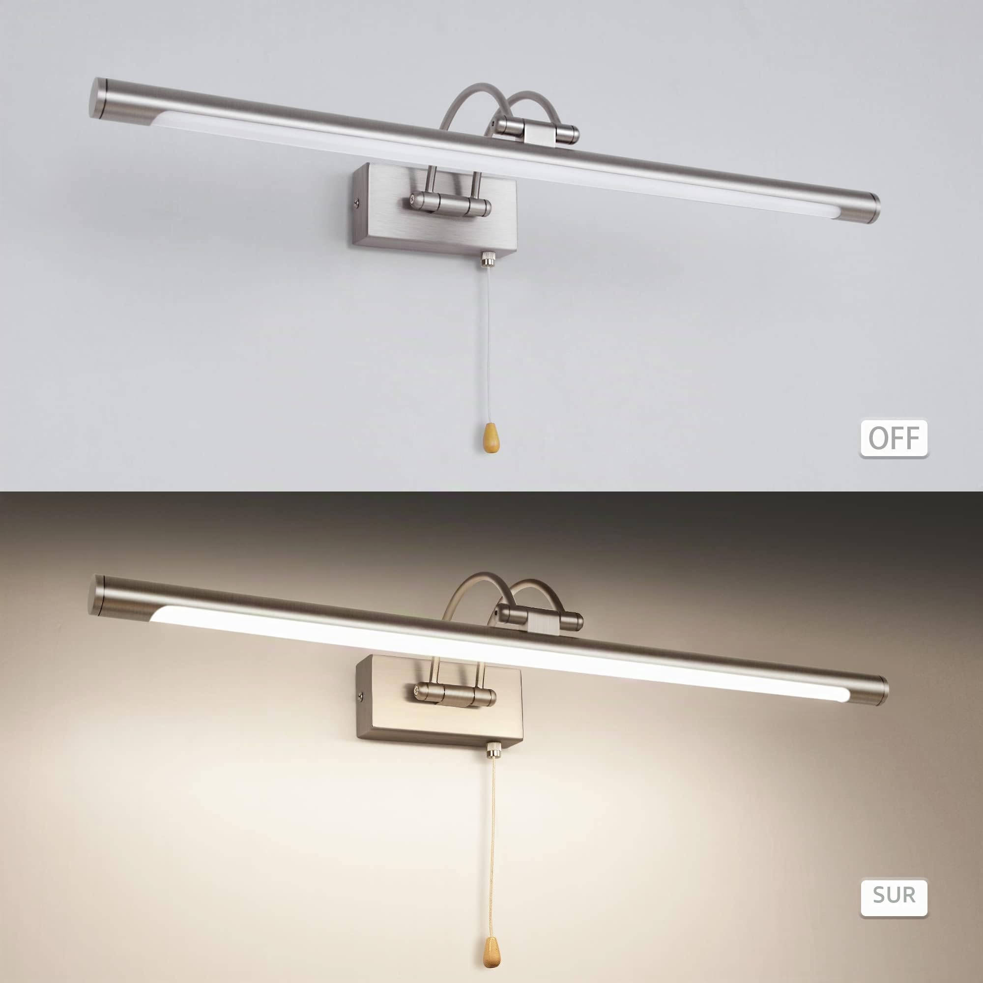 Applique Murale LED Miroir Salle de Bain 60 cm 12 W 3000K Nickel Interrupteur Bras Réglable IP44 Pour Tableaux et Vitrines Lampe de Lecture