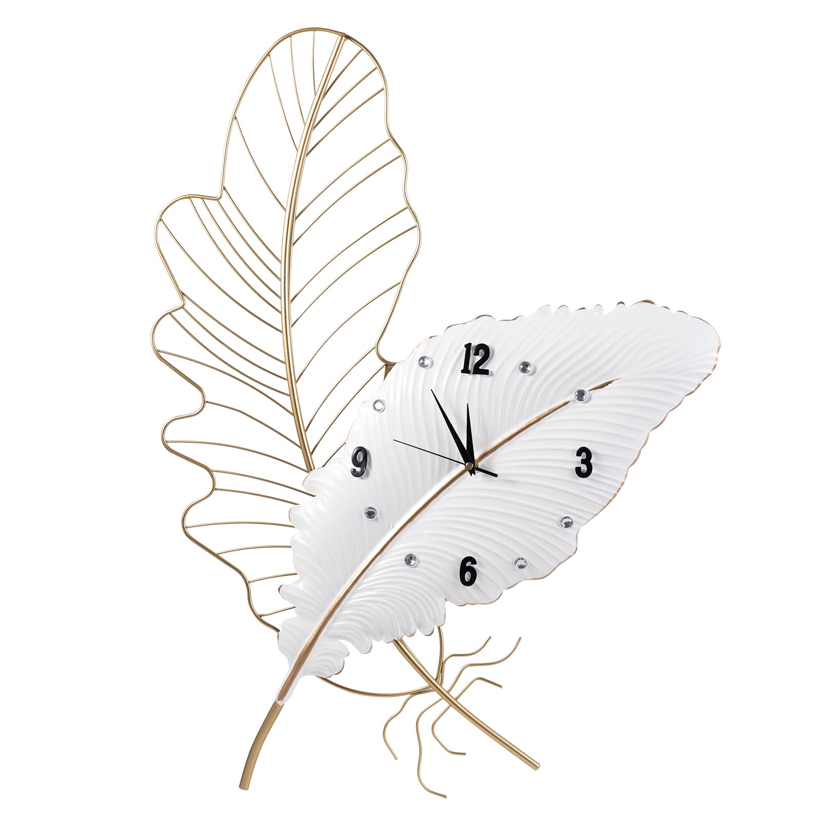 Large Wall Clock Metal Feather Decorate,Gold Silent Non-Ticking Big Clocks Modern Home Decorations for Living Room,Bedroom,Dining Room, Office-30inch