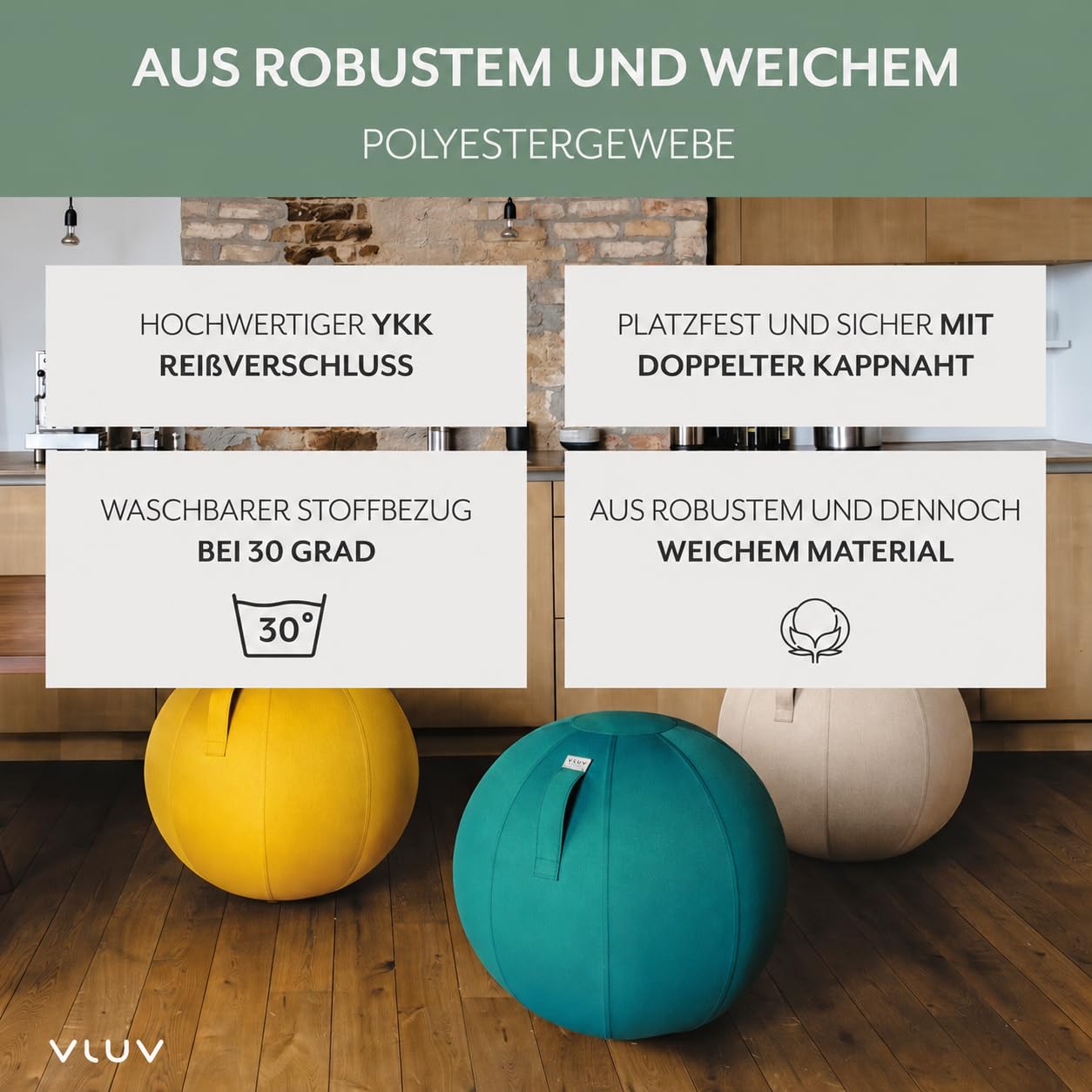 VLUV® BOL LEIV Sitzball Büro ergonomisch - Gymnastikball mit Stoffbezug & Wegrollschutz - Bürostuhl Alternative für Home Office, Rücken Training & Schwangerschaft