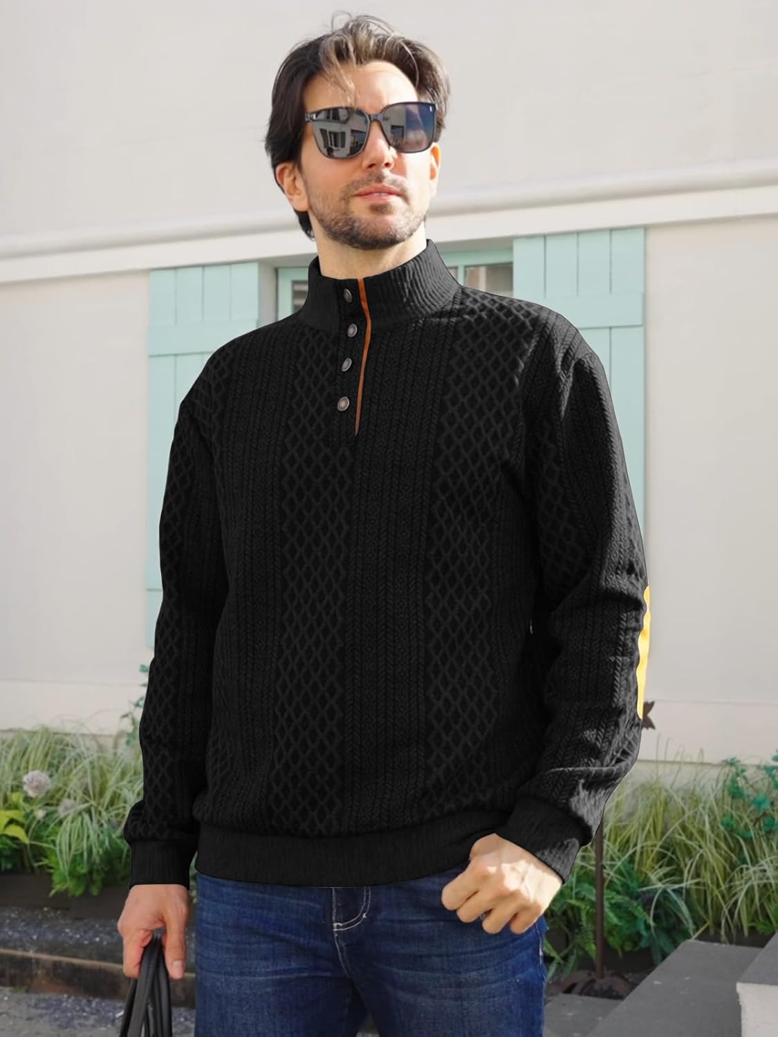 Men’s Block Striped Sweatshirt Casual Outdoor Long Sleeve Stand Collar Pullover Sweatshirt Button Quarter Sweater