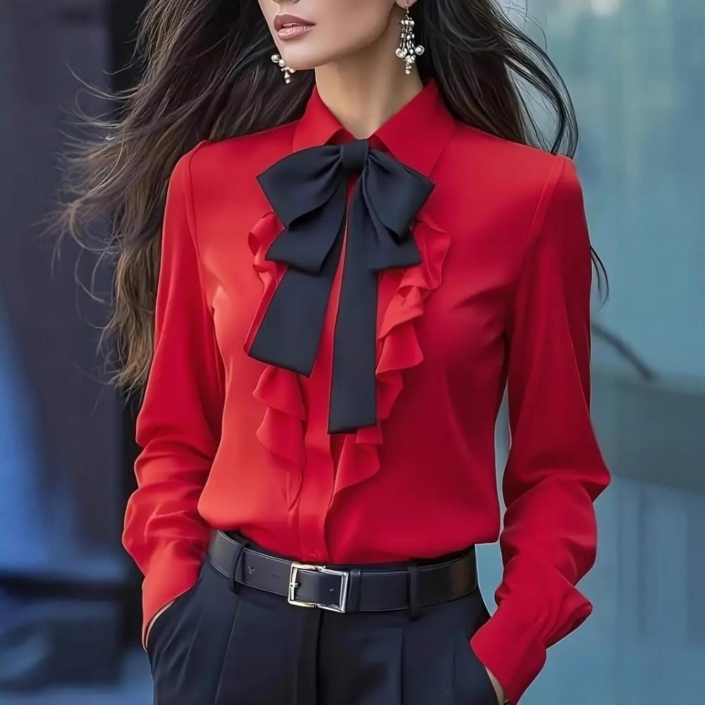 Camicette da donna con fiocco, stile vintage, a maniche lunghe, con volant, casual, da smoking, da lavoro