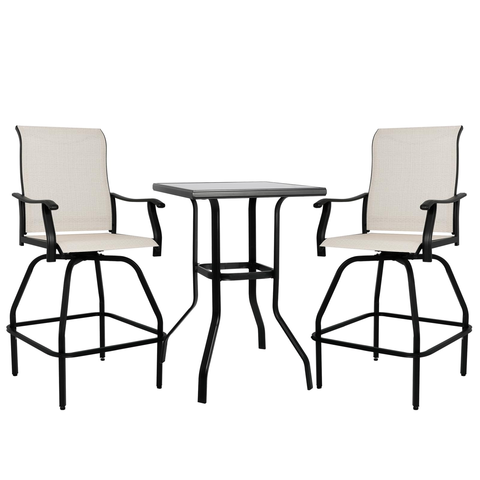LEVELEVE Patio Bar Set 3pcs Swivel Bar Stools Outdoor Bistro Textilene Furniture Stability All-Weather Set with Height Table (3, Beige Fabric)