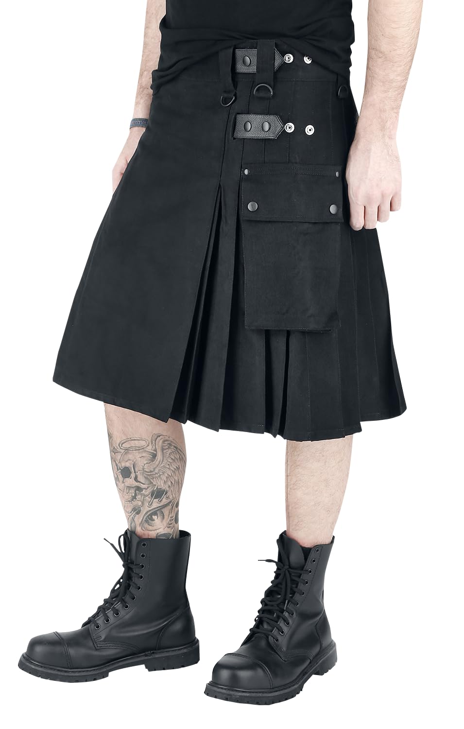 Black Premium by EMP Hombre Falda Escocesa Negra con Bolsillo de Parche
