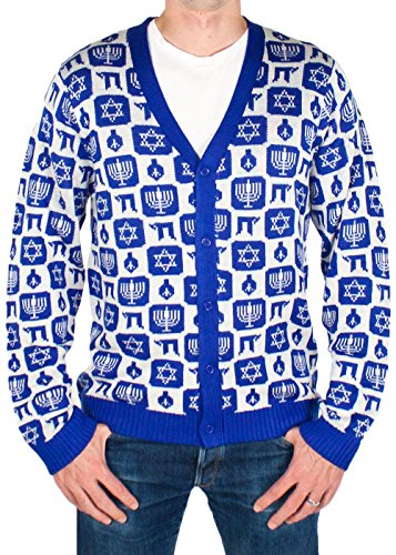 Festified Men's Classy Chanukah Cardigan Sweater (Blue) Ugly Holiday Sweater (4X-Large)