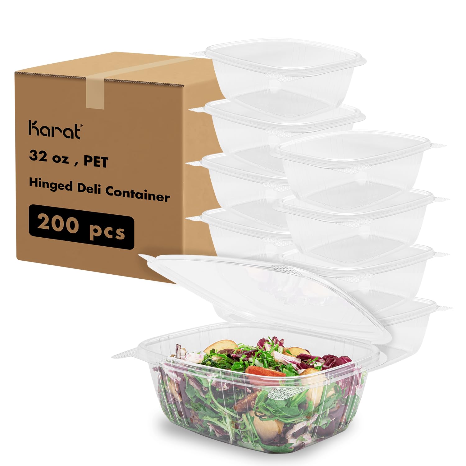 Karat 200 Count Clear PET Hinged Deli Take Out Containers - 32 oz Plastic Clamshell Food Containers, Disposable Square to Go Boxes, Ideal for Pasta Salads, Fruit, Deli Sides and More, FP-HDC32