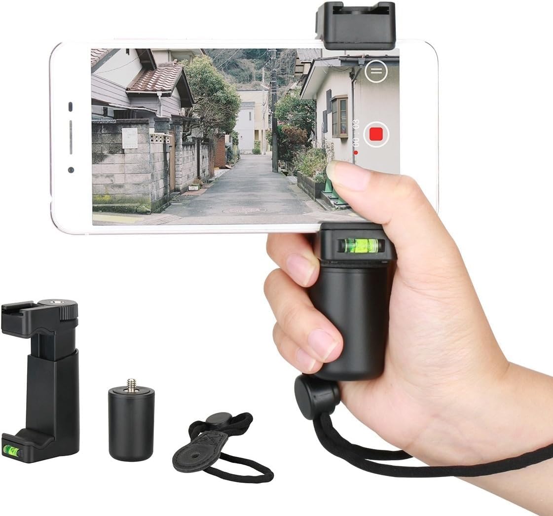 Smartphone Grip Handle Rig Phone Stand Holder with Wrist Strap, Tripod Mount & Cold Shoe Mount for Lights and Microphones - for iPhone, Samsung, HTC, LG, Google, Android
