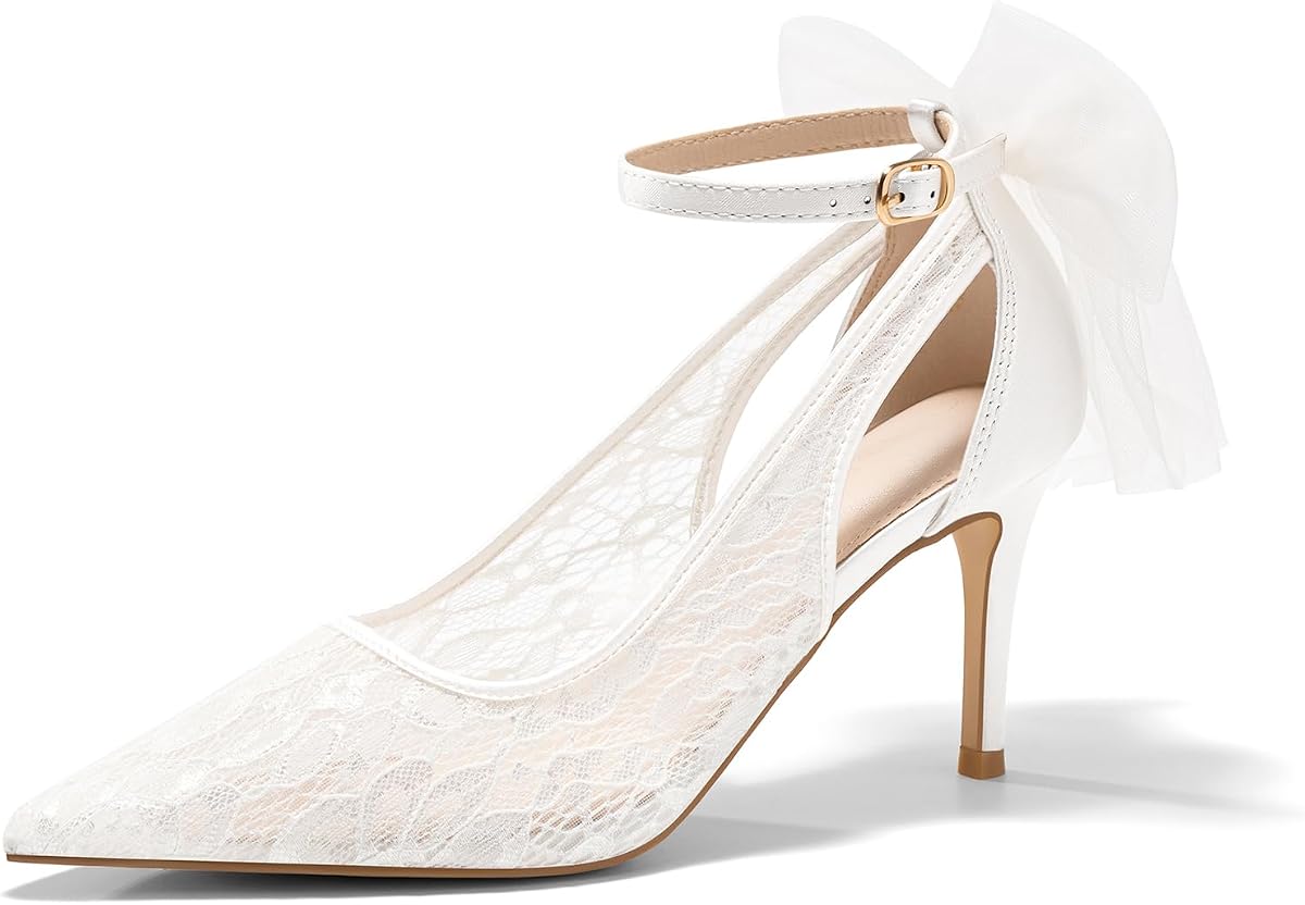 Coutgo Womens Lace High Heels Closed Pointed Toe Stiletto Pumps Bow Tie Ankle Strap Wedding Party Dress Shoes