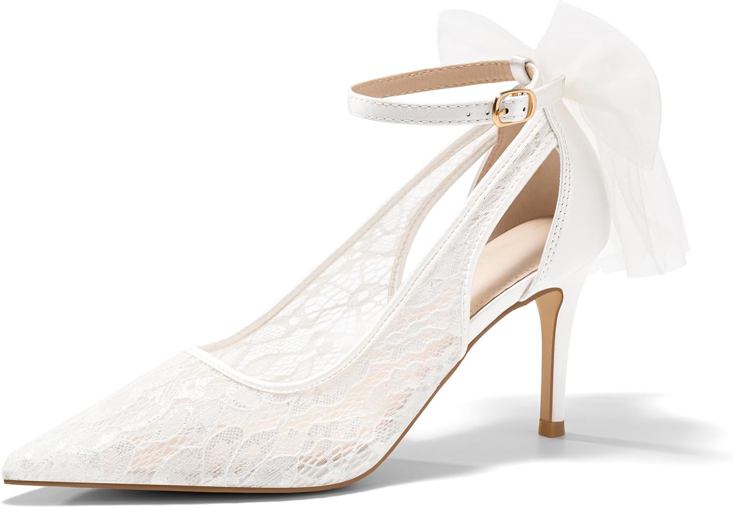 Womens Lace High Heels Closed Pointed Toe Stiletto Pumps Bow Tie Ankle Strap Wedding Party Dress Shoes