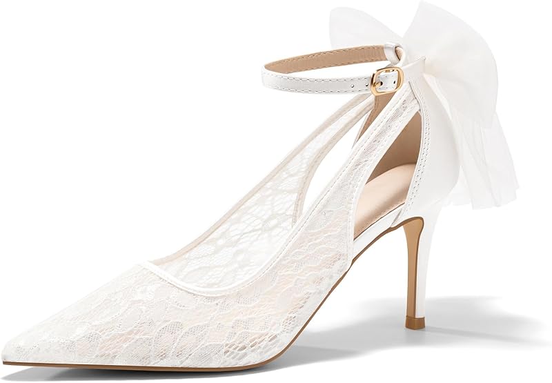 Coutgo Womens Lace High Heels Closed Pointed Toe Stiletto Pumps Bow Tie Ankle Strap Wedding Party Dress Shoes