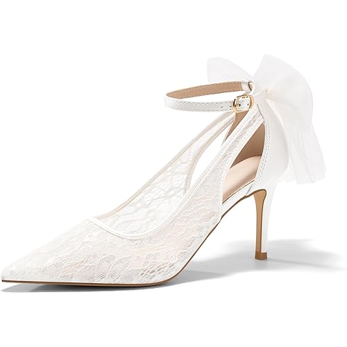 Coutgo Womens Lace High Heels Closed Pointed Toe Stiletto Pumps Bow Tie Ankle Strap Wedding Party Dress Shoes