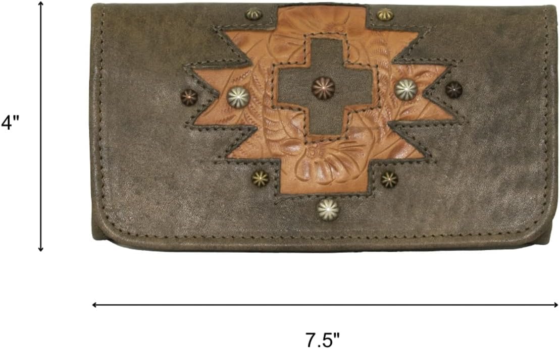 American West Hand Tooled Handcrafted 100% Genuine Leather Tri-Fold Wallet for Women Credit Card Slots Cash Pocket and Clear ID Holder Navajo Soul Collection Western (Distressed Brown)