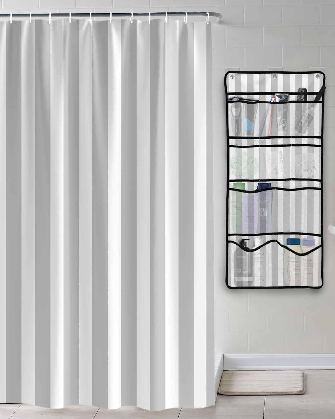 TocaHome Decorative Shower Curtain Sets Striped Gray Polyester Fabric Waterproof Bath Shower Curtains Modern Grey White Stripes Mesh