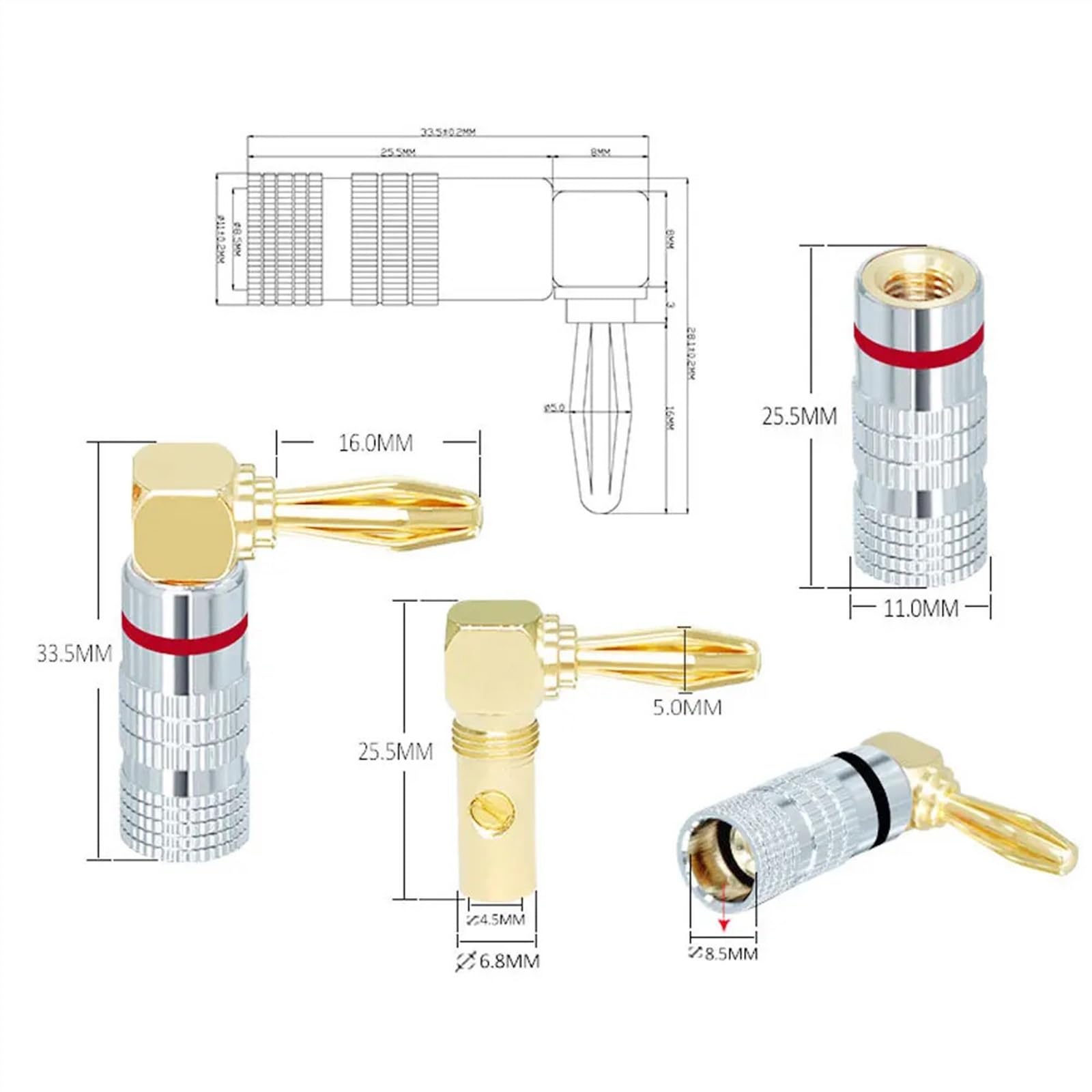 Złącza bananowe do głośników kątowych 2/6 sztuk, pozłacane 24-karatowe złącze głośnika audio 4 mm (2 szt., typ liścia)