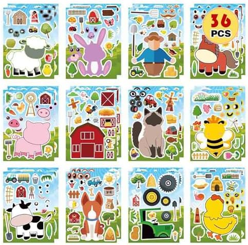 36 PCS Make-a-face Sticker Sheets Reusable Stickers Large Make Your Own Mix and Match Stickers for Kids Sticker Play Set Fantasy Kids Arts and Crafts Activity Party Favor Supplies Craft (Farm) image 4