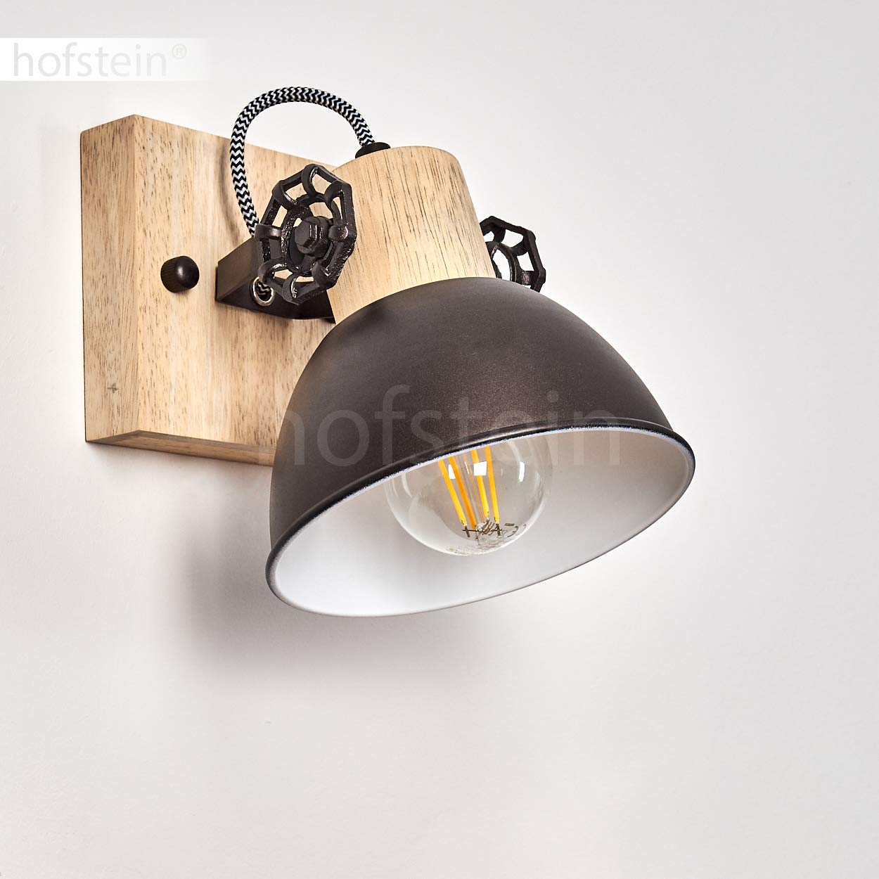 Lampada da parete Orny, lampada da parete regolabile in metallo/legno in antracite/bianco/marrone, 1 attacco E27, spot da parete in design retro/vintage, senza lampadina/e