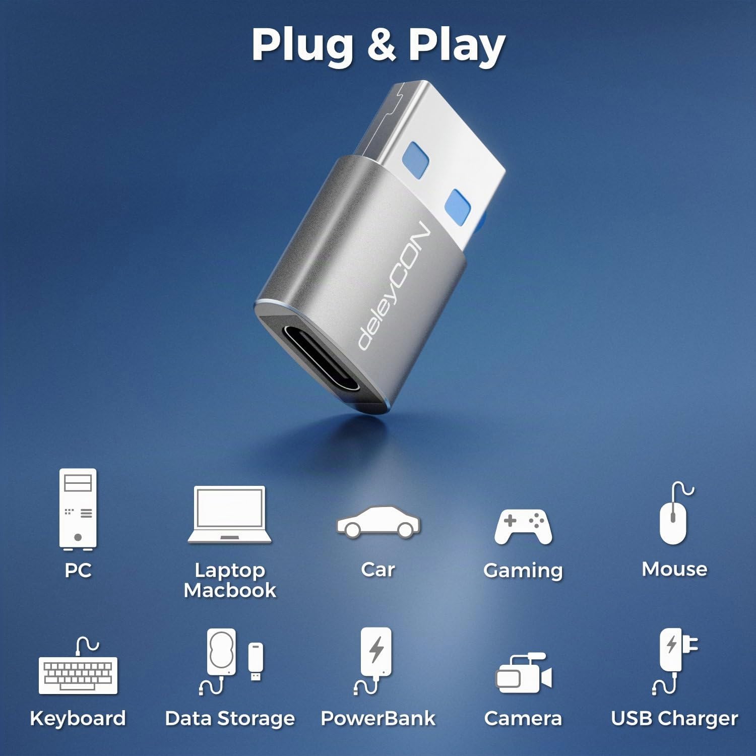 deleyCON Adattatore USB C (2 Pezzi) USB 3.0 5 Gbps - Presa USB-C A Spina USB-A - per iPhone Serie 17/16/15, iPad, Galaxy Serie S25/S24/S23, A56, A16, Laptop, Notebook, CarPlay ecc.