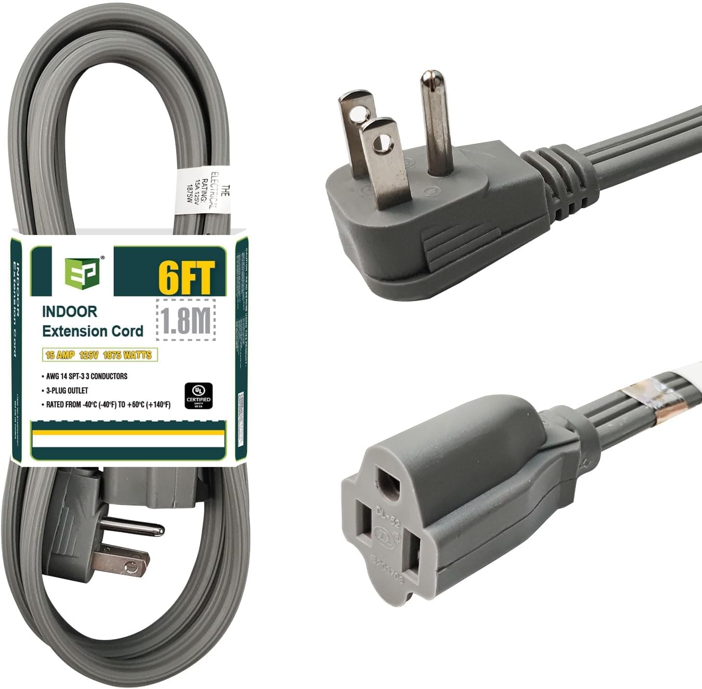 Product image of EP 6 Ft Heavy Duty Appliance Extension Cord - 14 Gauge 3 Prong Grounded Cable Wire, Ideal for Air Conditioners, Refrigerators, Microwaves, Washing Machines & More - Indoor Use, Gray