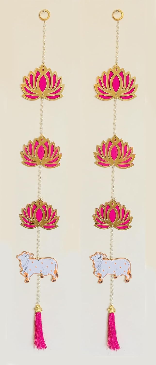 JVNX Handmade Lotus Wall & Door Hanging Toran Latkan for Entrance | Home & Festival Decoration | Diwali Decor | Rani Pink, Pack of 2